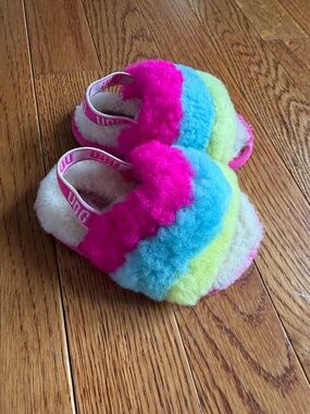 UGG Kids Rainbow Fuzzy Slide Slippers - Hot Pink, Blue, Yellow, Cream